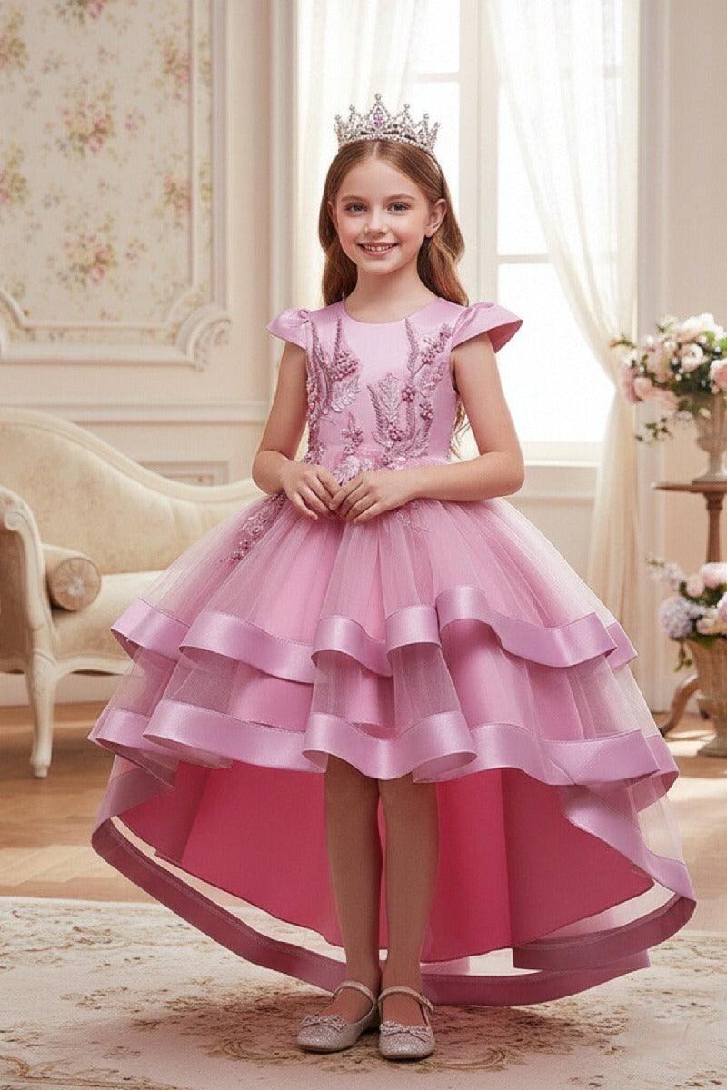 Princess Cap Sleeve High-Low Tulle Satin Ribbon Trim Flower Girl Dresses 1029094443108 - 7 Days / Dusty Rose / 110cm - COCOMELODY